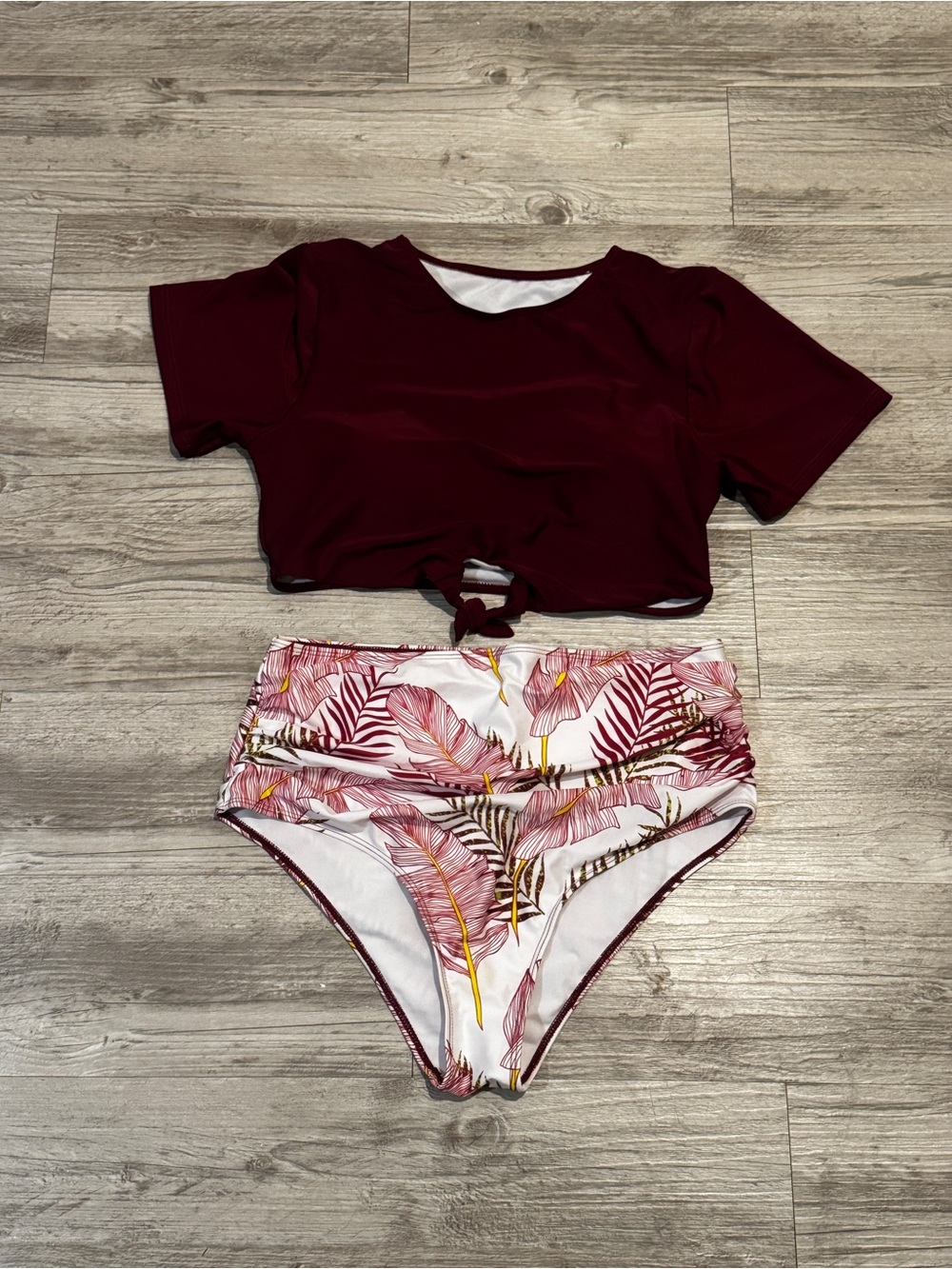 High-Rise Tropical Leaf Bikini Set with Maroon Crop Top